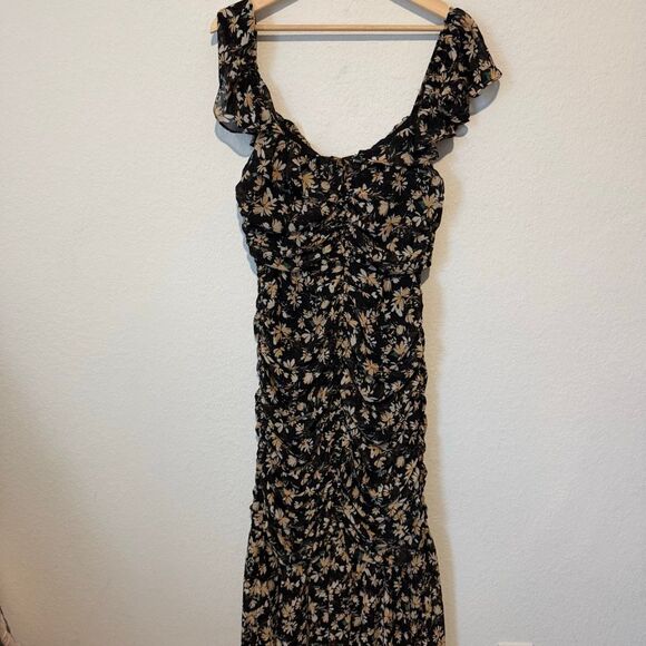 Floret Studios Black Floral Ruched Ruffle Short Sleeve Midi Dress Womens Size XL - Picture 5 of 7